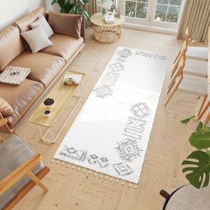 Tapiso Boho Loper Lichtbeige Hoogpolig Kwastjes Woonkamer Vloerkleed Maat- 100x200