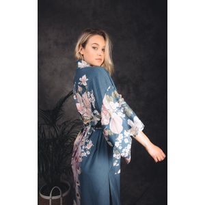 Kimono dames badjas - zomerjurk - Flower Deluxe blauw met bloemen en pauw, vrouw, maat S - luxe cadeau vrouw