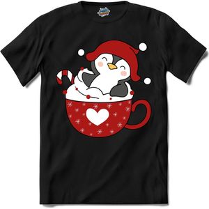 Hot choco pinguin kerst buddy - T-Shirt - Meisjes - Zwart - Maat 12 jaar