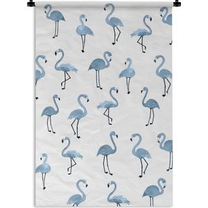 Wandkleed FlamingoKerst illustraties - Patroon van blauwe flamingo's tegen een witte achtergrond Wandkleed katoen 60x90 cm - Wandtapijt met foto