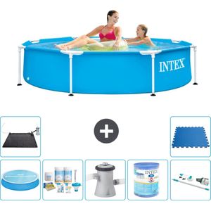 Intex Rond Frame Zwembad - 244 x 51 cm - Blauw - Inclusief Solarzeil - Onderhoudspakket - Zwembadfilterpomp - Filter - Stofzuiger - Solar Mat - Vloertegels