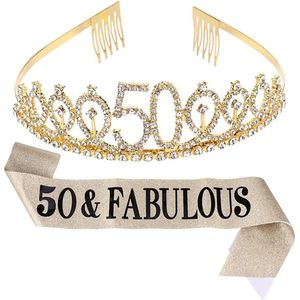 Setje 50 jaar Verjaardagskroon - ""50 & Fabulous"" - Kroon en Sjerp - Goudkleurig