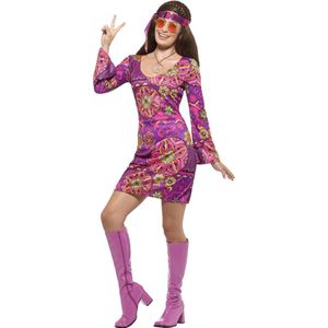 Woodstock Hippie Chick Costume Multi-Coloured with Dress Headscarf & Medallion