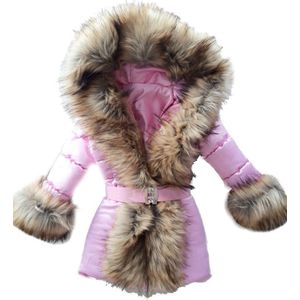 BamBella® Winterjas - Maat 110- Luxe Bontkraag jas Imitatiebont jas kind Roze kinderjas jasje met grote bontkraag