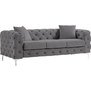 EDWINA Antracietgrijze Velours Chesterfield Driezitsbank - Retro Comfort met Industriële Uitstraling