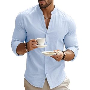 Livano Linnen Blouse Heren - t shirt - Polo - Overhemd - Shirt - Zomer - Ibiza Stijl - Lichtblauw - Maat L