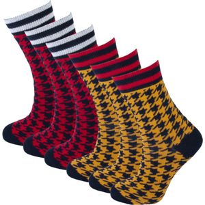 6 Paar meisjes sokken - Pied de poule motief - Rood/Oker - Maat 23-26