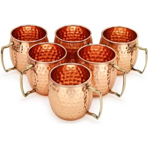 Koperen Moscow Mule mokken set van 6 - Handgemaakte bekers van massief koper in levensmiddelenkwaliteit - 440 ml cocktailglas met hoogwaardig koper