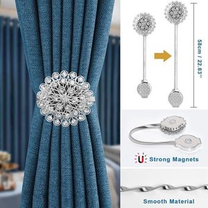 Crystal Decor Gordijn Tiebacks, 6 Pack Magnetische Tieback, Kristal Bloem Gordijn Tiebacks met Hoog Rekbaar Draadtouw, Bloem Gordijn Gesp voor Thuis, Kantoor, Raam (Zilver & 6 Pack)