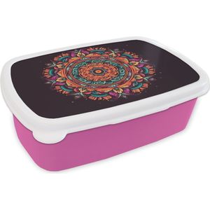 Broodtrommel Roze - Lunchbox - Brooddoos - Mandala - Bloemen - Hippie - Boho - Oranje - 18x12x6 cm - Kinderen - Meisje