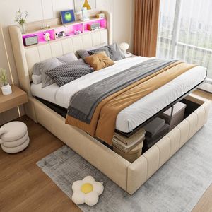 Sweiko Tweepersoonsbed - 140*200 cm - LED-verlichting + USB-aansluiting - Opbergruimte - Zonder matras - Beige
