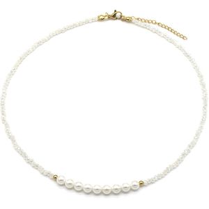 Ketting - Parels en Glaskralen - Lengte 39-44 cm - Wit