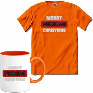 Merry f*cking christmas - T-Shirt met mok - Meisjes - Oranje - Maat 12 jaar