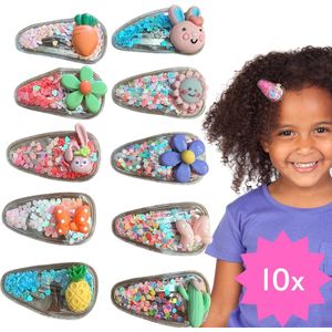 Winkrs® - Haarspeldjes voor meisjes - 10 Haarclips met Glitter, Bloemen, Strikjes, Konijntjes, Wortel en Ananas - Set Haarspeldjes Kind