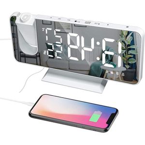 180° draaibare projector wekker met USB-oplader, FM-radio, 7.4 inch spiegeldisplay, 2 geluiden, 4 dimmers - wit