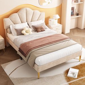 Sweiko Fluwelen gestoffeerd bed, 140*200 cm, tweepersoonsbed, schelpachtig bed met gouden ijzeren poten, in hoogte verstelbaar hoofdeinde, houten lattenrost,Beige