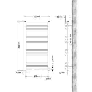 Badkamerradiator Elektrisch met verwarmingselement 300W 500x800 mm Wit gebogen met zijaansluiting