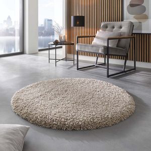 Rond hoogpolig vloerkleed effen - Shaggy Prime beige 120 cm rond