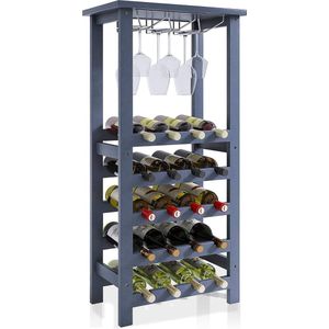 Wijnrek met glazen houder en tafelblad, 20 flessen opslag, vloer vrijstaande bamboe displayplanken voor thuis, keuken, bijkeuken, kelder, bar (grijs)