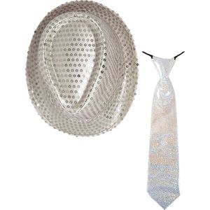 Toppers - Carnaval verkleed set - hoedje en stropdas - zilver - dames/heren - glimmende verkleedkleding