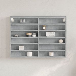 The Living Store Vitrinekast 80x8,5x58 cm bewerkt hout betongrijs - Vitrinekast - Displaykast - Opbergkast - Houten Kast - Betonnen Kast