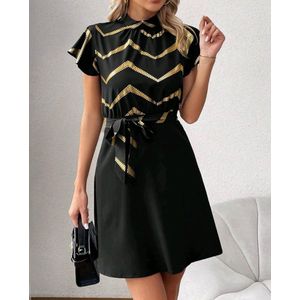 Sexy elegant zwarte corrigerende t-shirt t shirt jurk met gouden strepen maat M