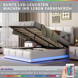 Gestoffeerd bed 140x200 cm met LED-verlichting & hydraulisch hefbare bedopbergruimte, bedbox & lattenbodemhoes van kunstleer tweepersoonsbed volwassen jeugdbed wit