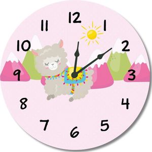 Kinderklok Alpaca, bergen en zon | STIL UURWERK |wandklok van hout voor kinderkamer en babykamer - decoratie accessoires - meisjes slaapkamer