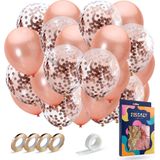 Fissaly 40 stuks Rose Goud Helium Ballonnen met Lint – Verjaardag Versiering - Decoratie - Papieren Confetti – Roze Gold Latex
