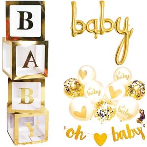 15-delige set deLuxe Baby goud met wit met ballonbox, diverse folie en latex ballonnen en slinger - babyshower - geboorte - zwanger - baby - genderreveal