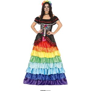 Guirca - Spaans & Mexicaans Kostuum - Rainbow Day Of The Dead Mariana - Vrouw - Zwart, Multicolor - Maat 36-38 - Halloween - Verkleedkleding