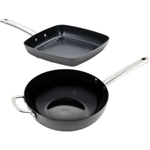 ISENVI Murray Combideal - Grillpan en wokpan - RVS - Antraciet - Keramisch - 100% PFAS, PTFE en PFOA vrij - 100% duurzaam - Unieke Antiaanbaklaag - Non-stick bodem - Vaatwasbestendig - Geschikt voor alle warmtebronnen inclusief inductie