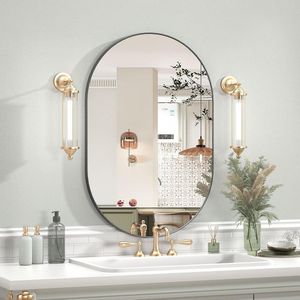 Ovale Spiegel, 50 x 75 cm, Ovale Badkamerspiegel, Spiegel met Metalen Frame, Horizontaal of Verticaal Ophangen, Cosmetische Spiegel voor Woonkamer, Slaapkamer, Entree (Zwart)
