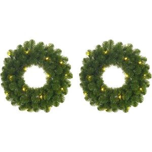 Set van 2x stuks groene verlichte kerstkransen/deurkransen met 30 LEDS 60 cm - Kransen met verlichting/kerstverlichting