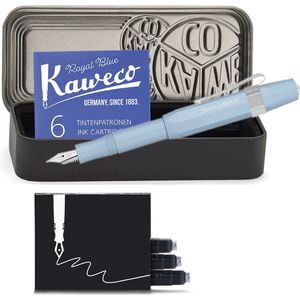 Kaweco - Cadeauset - 4delig - Kaweco Vulpen COLLECTION Sport fountain pen - Mellow Blue - Fine - Nostalgic Octagonal Clip Chrome - Zwart Vintage blikje - Doosje Royal Blue - Doosje zwarte Vullingen