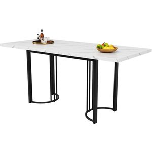 Telescopische eettafel (140-179,5×80cm), uitschuifbare eettafel, ruimtebesparende keukentafel, metalen frame, rechthoekige eettafel voor eetkamer en woonkamer, wit/zwart