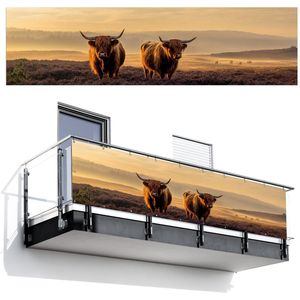Balkonscherm 300x80 cm - Balkonposter Schotse hooglanders - Heide - Landschap - Dieren - Balkon scherm decoratie - Balkonschermen - Balkondoek zonnescherm