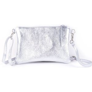 Dames Metallic tasje - Lederen Schoudertas - Made in Italie - Leer tas - Zilver