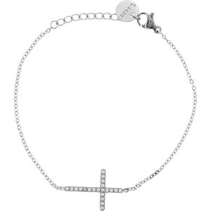 Behave Minimalistische armband met kruis en zirkonia steentjes, stainless steel (staal) zilver kleur