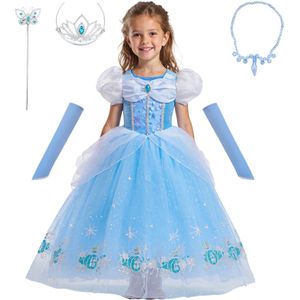 Joya Kids® Assepoester Verkleedjurk Meisjes | Prinsessenjurk Lichtblauw met Accessoires | Kroon, Staf, Handschoenen & Sieraden | Carnaval & Verjaardag | Maat 150