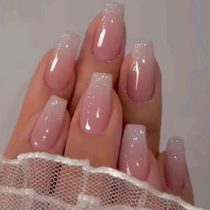 24 Pack Short Square French Press on False Nails Pink Ballerina Acrylic Full Coverage False Nails for Women and Girls