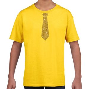 Geel fun t-shirt met stropdas in glitter goud kinderen - feest shirt voor kids 158/164