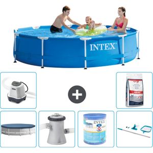 Intex Rond Frame Zwembad - 305 x 76 cm - Blauw - Inclusief Afdekzeil - Zwembadfilterpomp - Filter - Schoonmaakset - Zoutwatersysteem - Zwembadzout