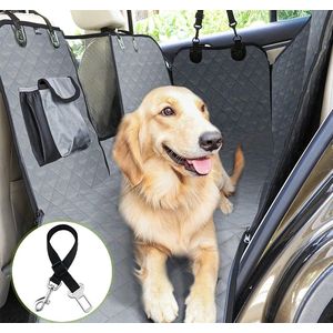 Hondendeken voor auto achterbank, kofferbakdeken, kofferbakbescherming voor honden, autodeken voor bescherming achterbank of kofferbak, met veiligheidsgordel, scheurbestendig, waterdicht, afwasbaar, zijbescherming/ Grijs
