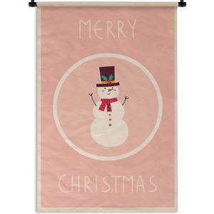 Wandkleed  - Kerst illustratie van een sneeuwpop met de quote Merry Christmas Wandkleed katoen 60x90 cm - Wandtapijt met foto