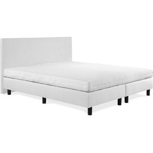 Boxspring Sofia luxe lederlook wit 190x190 incl. wit matras, hoofdbord glad uitgevoerd.