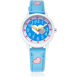 Meisjes Horloge - Hartjes – Leren Bandje – Blauw - Girls Watch