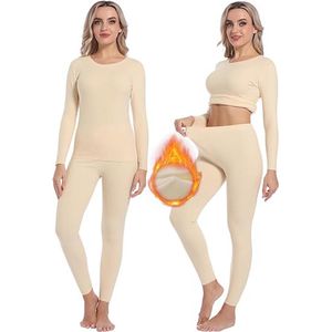 Thermoset voor dames boven en onderstuk maat XS - beige - Comfortabel, stretch, zacht, warm thermo-ondergoed voor wintersport, outdoor en indoor-activiteiten - thermo-ondergoed - geschikt voor nachtkleding in de winter