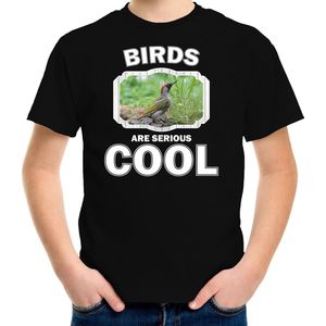 Dieren vogels t-shirt zwart kinderen - birds are serious cool shirt  jongens/ meisjes - cadeau shirt groene specht/ vogels liefhebber - kinderkleding / kleding 122/128
