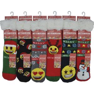Emoji Kerstsokken - Happy unisex huissokken - Extra Warm en zacht - Anti-Slip - Huttensocken Emoji kerstmuts- one size